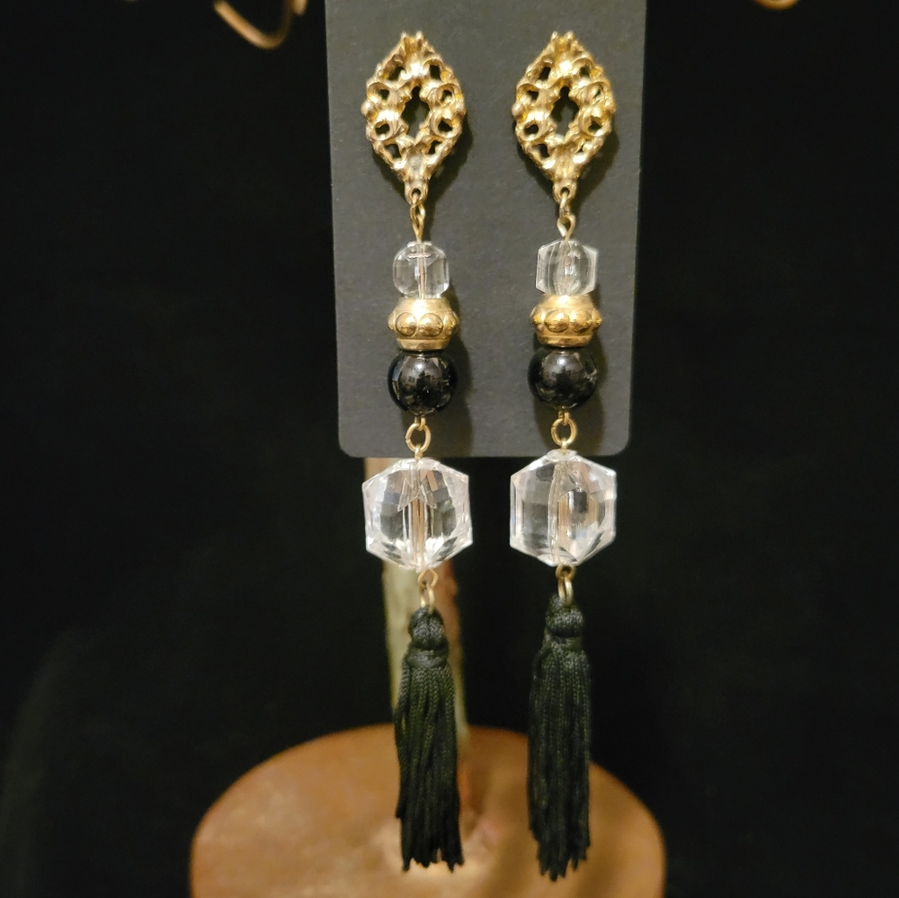 Estate Faux Crystal Long Tassle Earrings